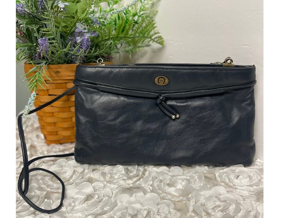 Vintage Etienne Aigner Clutch or Crossbody Navy Leather Minimalist Bag Y2K